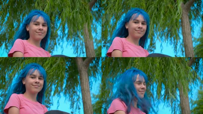 蓝头发的可爱女孩。