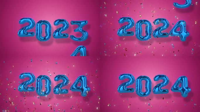 蓝色箔气球字母2024与五彩纸屑下降3d动画