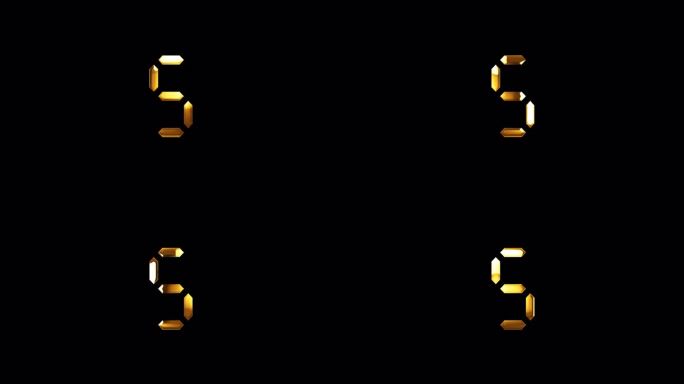循环数字五金色闪耀光运动文本动画黑色抽象背景。推广广告概念隔离使用QuickTime Alpha通道