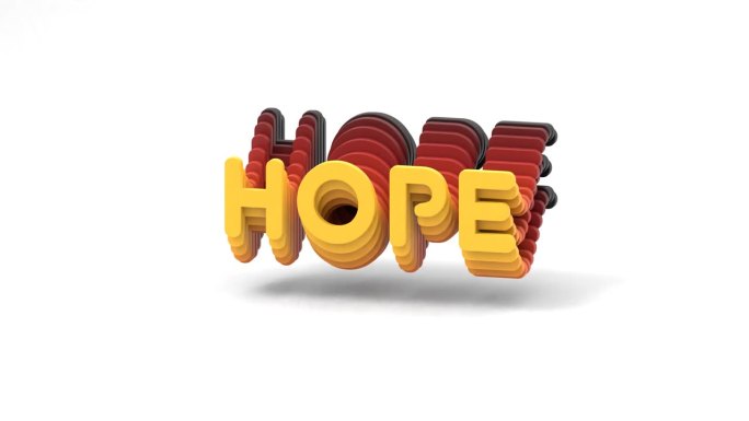 在空白的白色背景上舞动的橙色单词“HOPE”的3D渲染动画