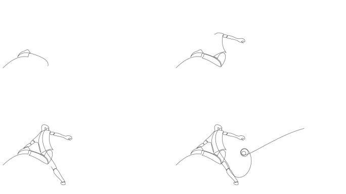 用连续的一条线绘制的少年足球运动员踢球的自绘动画。动画足球比赛运动概念简约的单线设计。