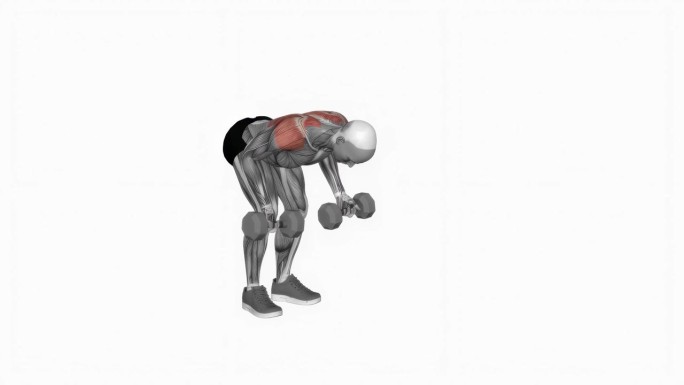 哑铃俯身反向排健身运动锻炼动画男性肌肉突出演示4K分辨率60 fps