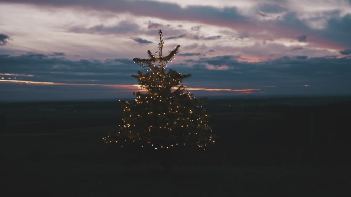 黄昏时分，户外圣诞树上的串灯可以开关