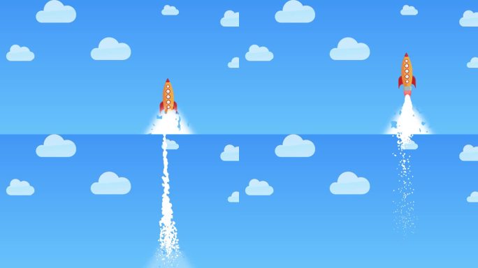 火箭动画飞越云层。航天飞机在蓝天白云中带着烟雾飞行。科学与商业理念