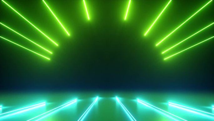 循环3d动画。抽象的动画背景绿蓝色霓虹灯发光线沿着弯曲的路径快速移动