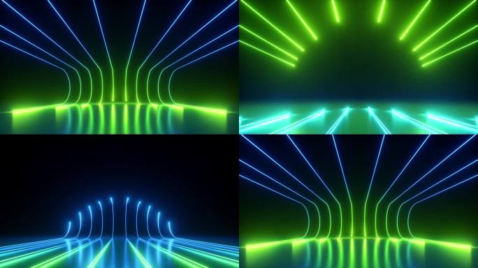循环3d动画。抽象的动画背景绿蓝色霓虹灯发光线沿着弯曲的路径快速移动