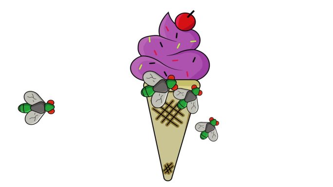 冰淇淋上满是苍蝇的动画