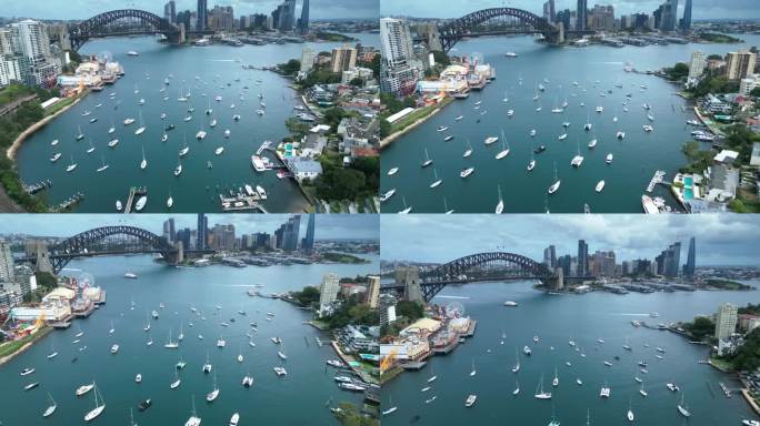 悉尼薰衣草湾、悉尼海港大桥、环形码头和悉尼达令港办公室和豪华大楼群的4K鸟瞰图实时镜头