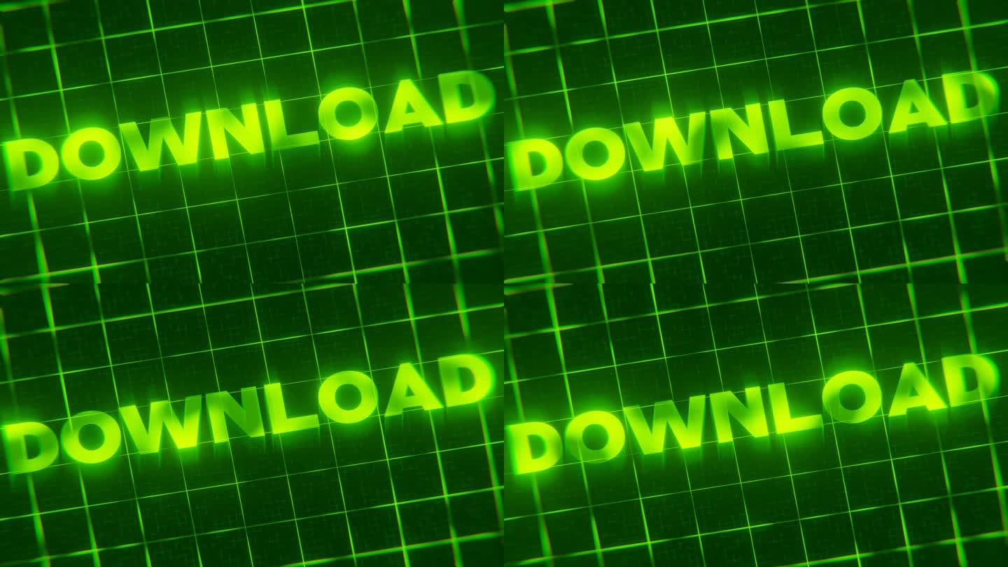 “DOWNLOAD”字的3D渲染动画孤立在绿色的网络背景上