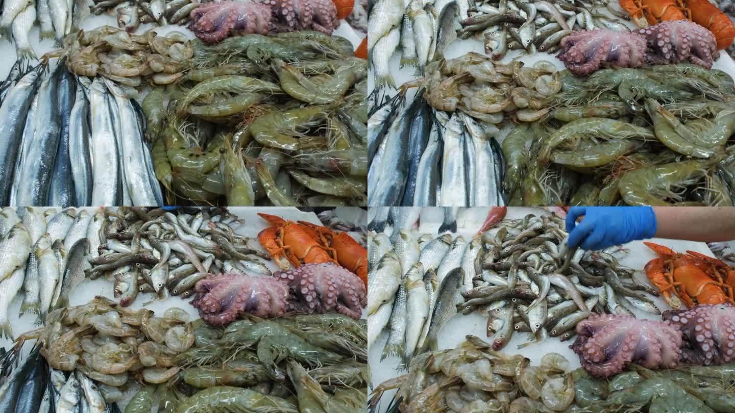鱼贩在市场摆鱼的特写