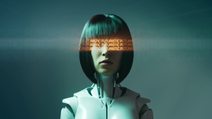 “未来主义”的霓虹灯在半机械人女孩眼前的空中移动
