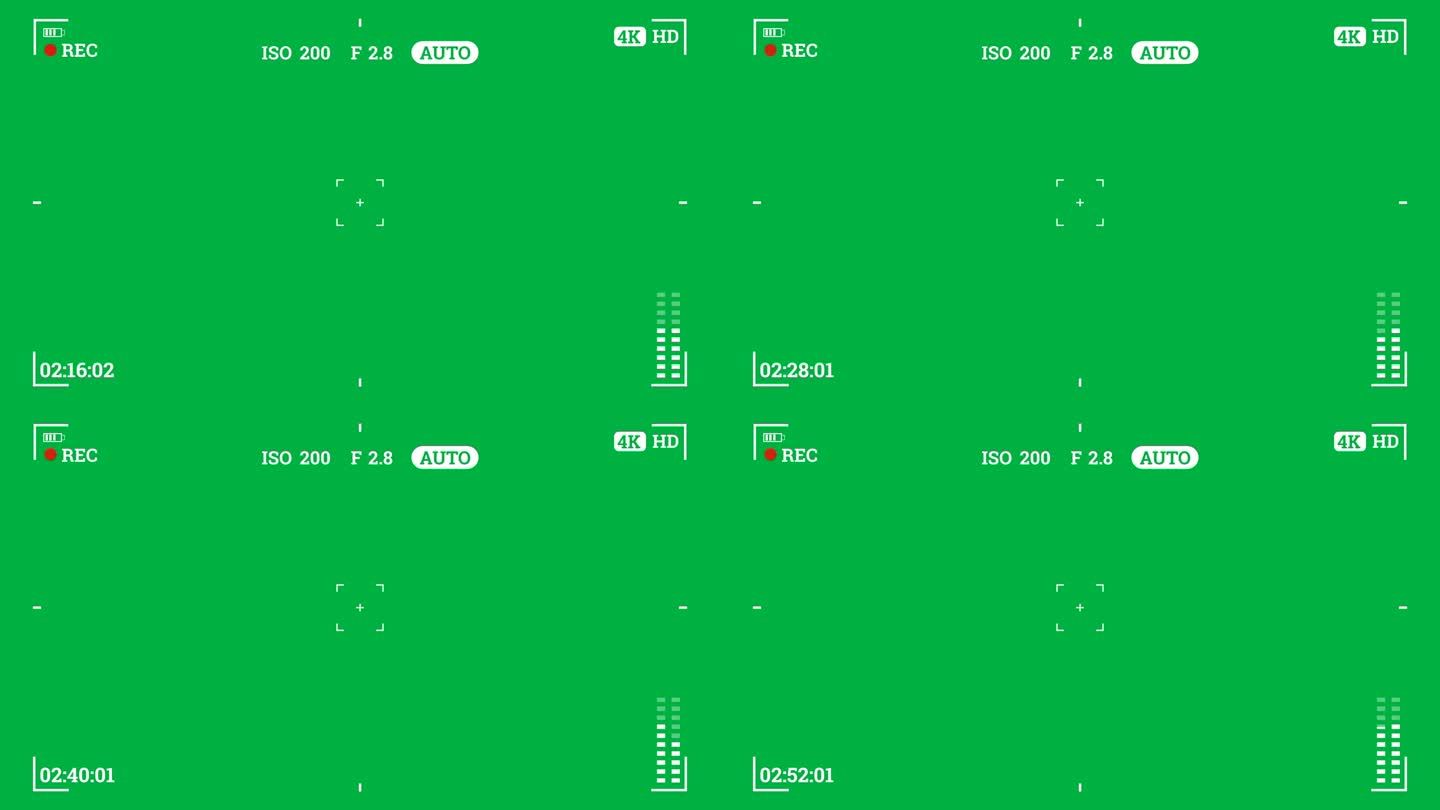 在数码单反相机动画中录制视频，绿屏。无缝和可循环的相机接口背景。