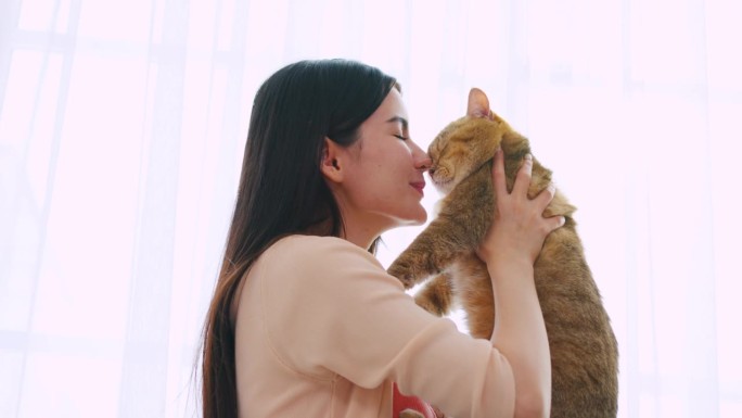 亚洲妇女抱着小猫在家里快乐地玩耍。迷人美丽的女性坐在餐桌上，闲暇时在卧室里温柔地拥抱和亲吻她的宠物动