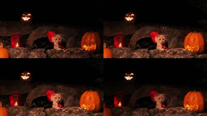 万圣节主题，在黑暗中发光的南瓜和一只穿着吸血鬼服装的猫