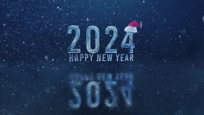 新年祝福带着雪花和新年帽子，节日快乐，新的2024