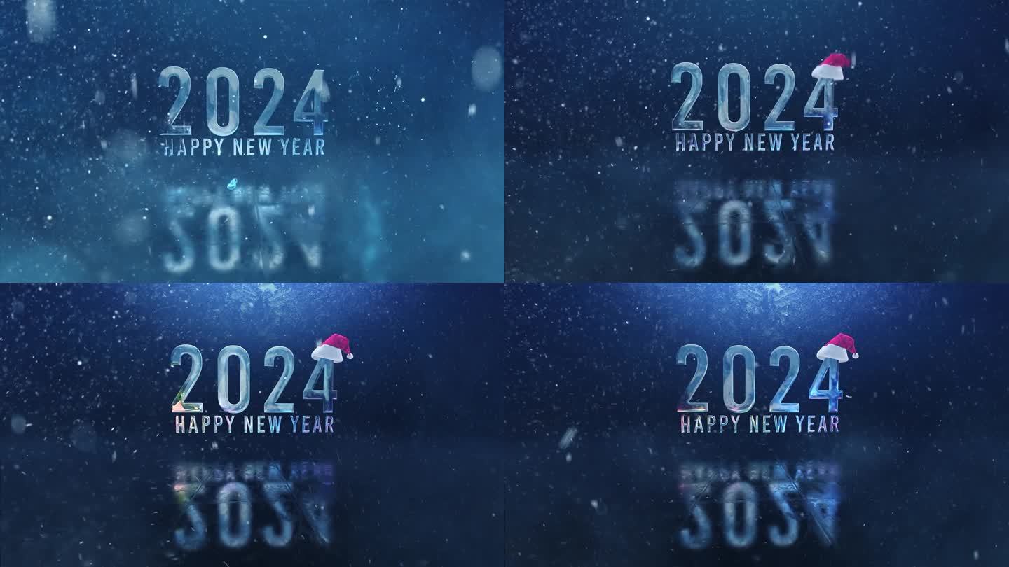 新年祝福带着雪花和新年帽子，节日快乐，新的2024