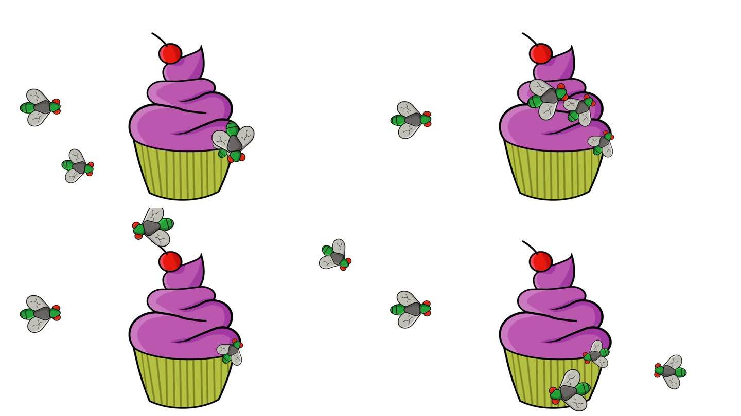 杯子蛋糕被苍蝇包围的动画