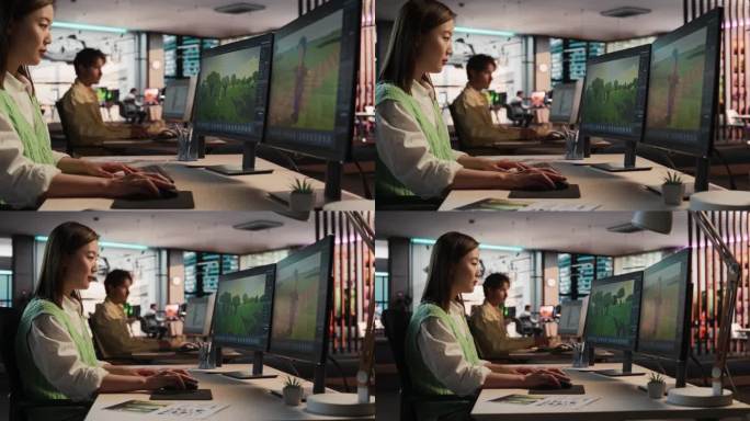 亚洲女性使用台式电脑和设计在3D建模软件独特的世界和角色的生存电子游戏在不同的办公室。女性游戏开发者