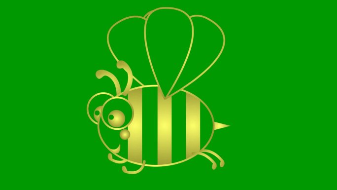 动画金白色有趣的蜜蜂。快乐的蜜蜂飞起来了。毛圈的视频。平面矢量插图隔离在绿色背景上。