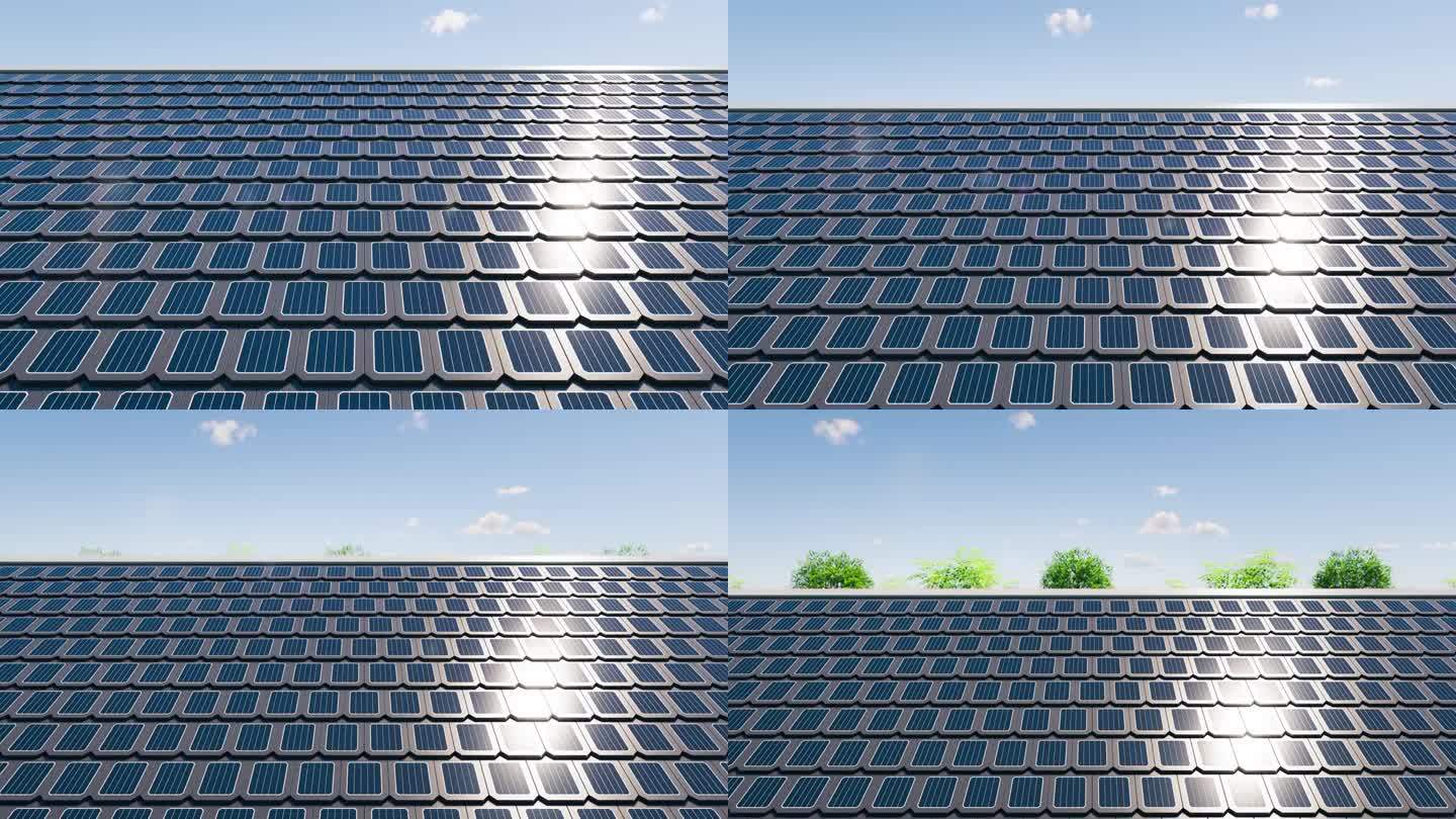 房屋或房屋建筑屋顶上的太阳能或光伏瓦的3d渲染。