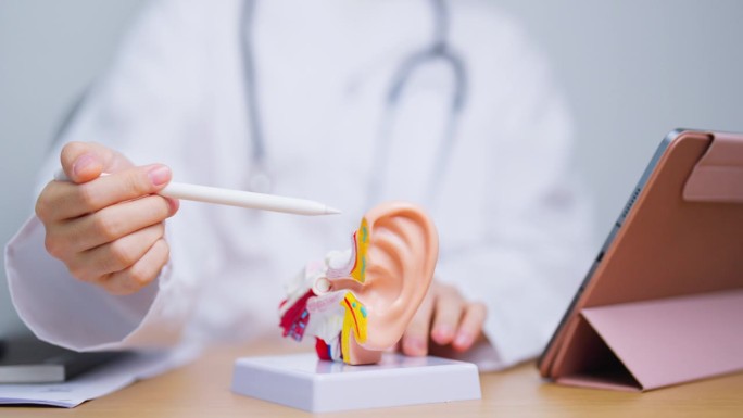 医生用人耳解剖模型。耳部疾病，闭锁，中耳炎，穿孔鼓膜，梅尼埃综合征，耳鼻喉科医生，老化听力损失，神经