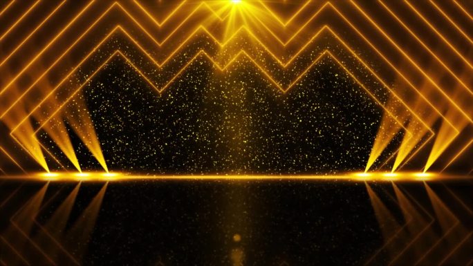 颁奖晚会舞台金碧辉煌舞台动画。星星，光和粒子。奢华的金色轻条纹。