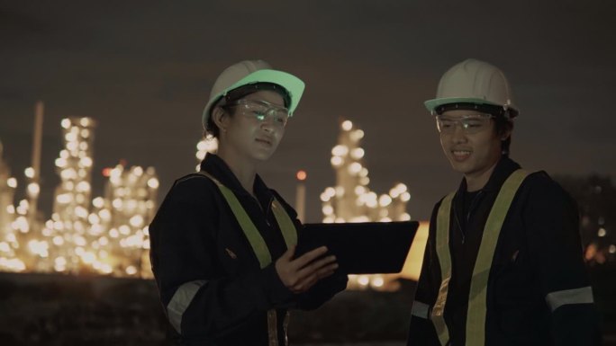 石油炼油厂现场，工程师工人正在夜间通过数码平板电脑检查炼油厂工厂的维护情况。