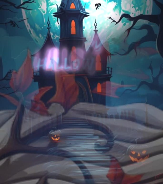万圣节之夜，一个带有南瓜花环的鬼屋的恐怖动画。垂直