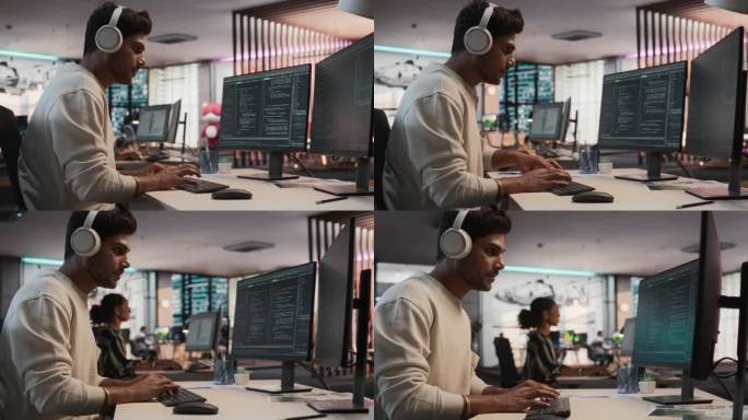 印度男性游戏程序员在游戏开发工作室的桌面电脑上编程。专注的人写行代码，为新的沉浸式3D RPG电子游