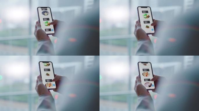 午餐app，用手机点餐和递餐，检查和送餐。电子商务、数字和人们在手机上滚动搜索互联网上晚餐、午餐或早