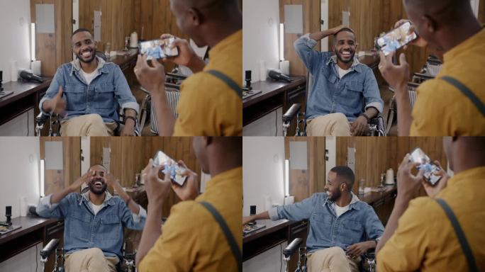 理发师用智能手机给顾客拍照，而非裔美国人在理发店里摆姿势玩耍