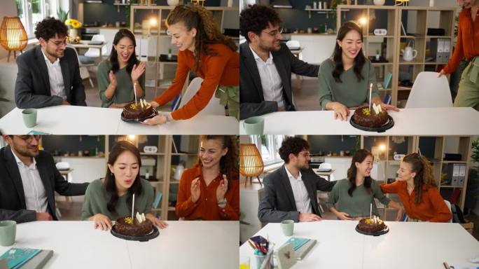 一位日本女性和多种族同事在办公室庆祝生日