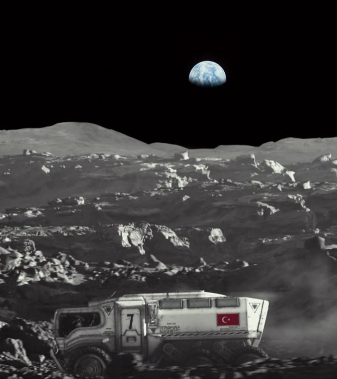 月球的太空殖民。放大带着土耳其国旗的月球车探索月球表面的垂直视频