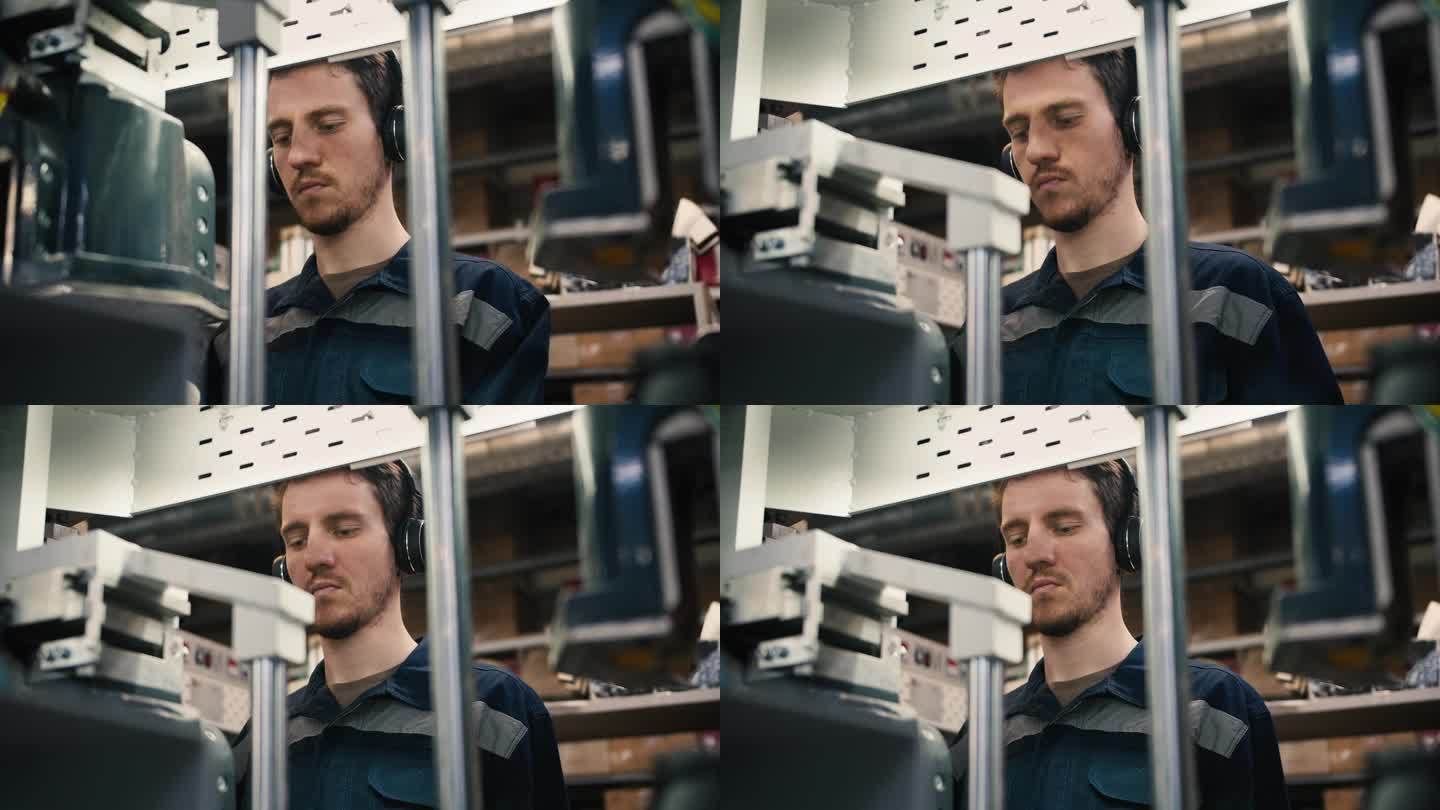 一个红头发的男人戴着耳机在一家服装厂的工业机器上工作的特写镜头。工作日开始在工厂工作