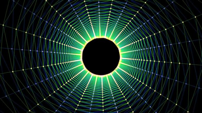 4K抽象黄绿色螺旋传送。穿越虫洞漩涡隧道。中心的发光球体被编织的网包围着。艺术网络空间中的催眠运动。