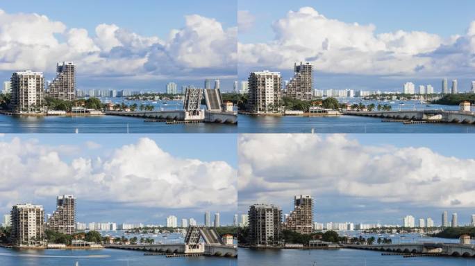时间流逝-迈阿密，佛罗里达州，美国市中心的天际线在比斯坎湾