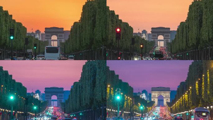 法国巴黎延时4K，城市天际线昼夜日落延时在凯旋门和香榭丽舍大街