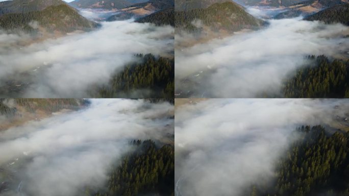 飞过山顶的云层。山峰高耸，清晨日出，自然景观优美