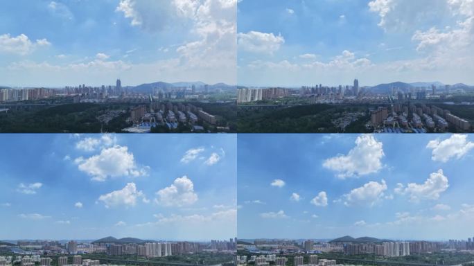 航拍枣庄蓝天白云下的高铁延时摄影