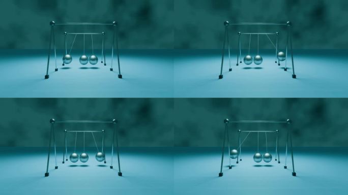 动画牛顿的摇篮无缝循环3d动画4k牛顿的摇篮办公室玩具。3 d渲染。在青色背景上慢动作地摇摆着金属球