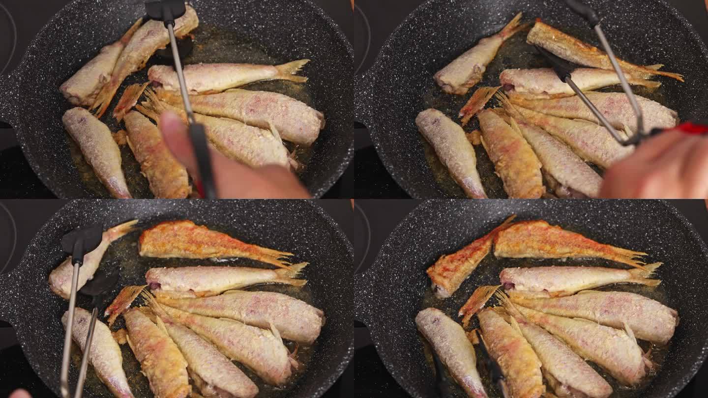 厨师烹调红鲻鱼的特写镜头