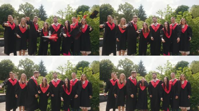 学生们庆祝毕业。兴奋的同学毕业了，高兴地把毕业帽扔到镜头前。年轻人在一起感觉很好