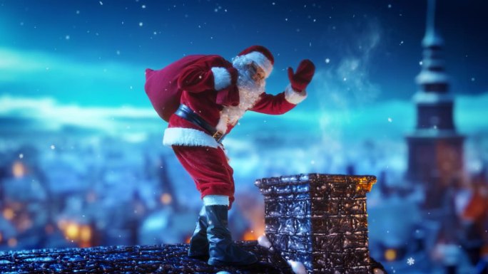快乐的圣诞老人背着装满礼物和礼物的红色袋子，走在圣诞夜的屋顶上。圣诞老人对着镜头挥手，然后神奇地消失