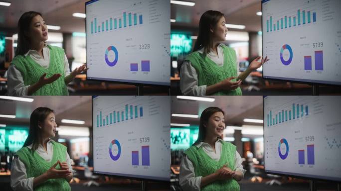创意办公室会议:美丽的亚洲女性项目经理的肖像，展示营销策略的目标，使用电视与数据分析，电子商务信息图