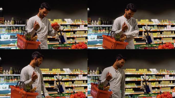 印度人在超市买西红柿的侧视图