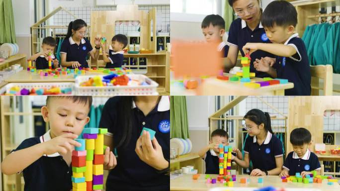师生互动 幼儿园老师与小朋友玩积木