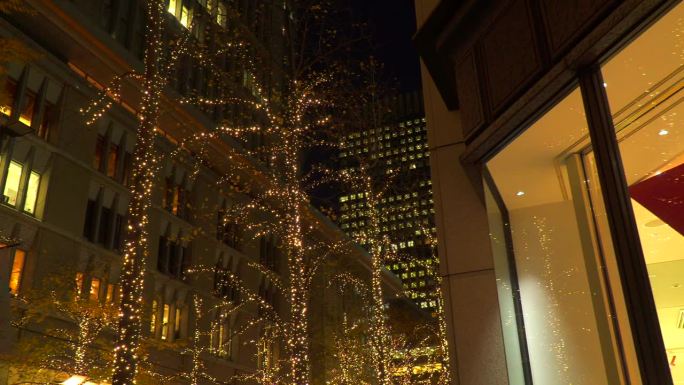 东京丸内圣诞彩灯喜庆氛围的小街地上积厚厚