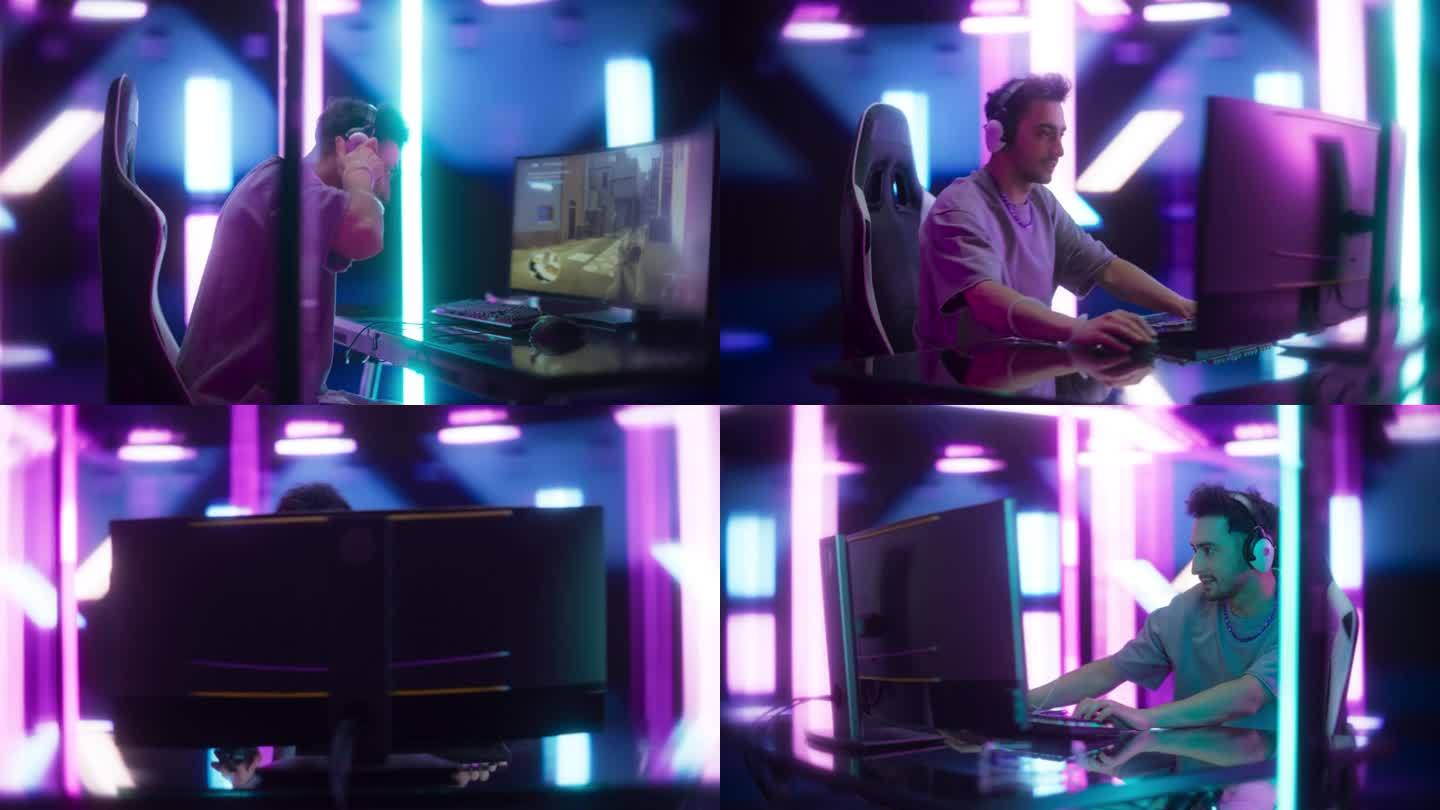 年轻男性在台式电脑上玩在线视频游戏。360度旋转镜头的玩家坐在桌子后面，流的动作射击游戏内容从未来的