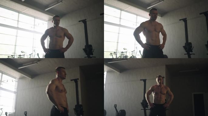 健美的男子在健身房，肖像拍摄的运动员裸露躯干休息后锻炼，男子气概的家伙