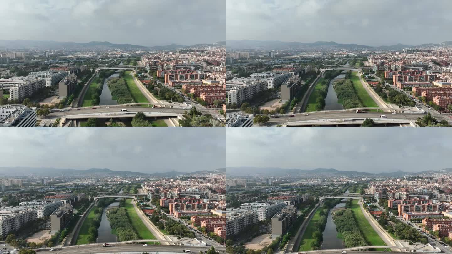 白天巴塞罗那城市景观交通街道运河区航拍全景4k西班牙